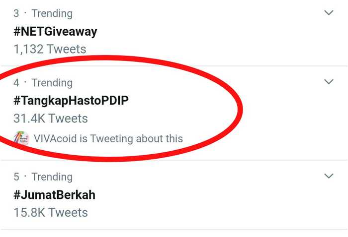 Hastag #TangkapHastoPDIP Jadi Trending di Twitter