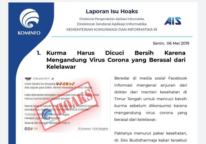 Kominfo Deteksi 54 Temuan Hoaks Virus Corona