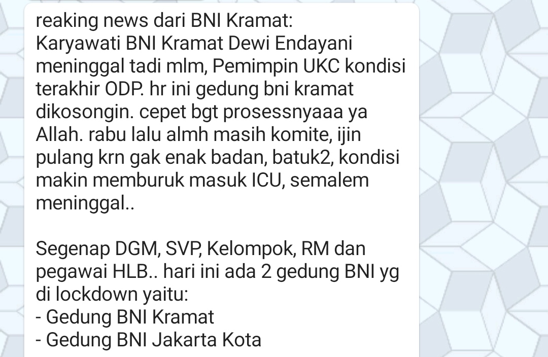Dikabarkan Karyawannya Meninggal Dunia Karena Corona, Begini Jawaban BNI