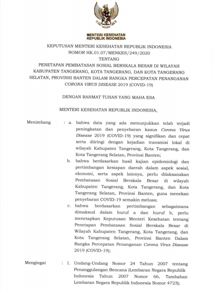 Kemenkes Setujui Penerapan PSBB di Tangerang Raya