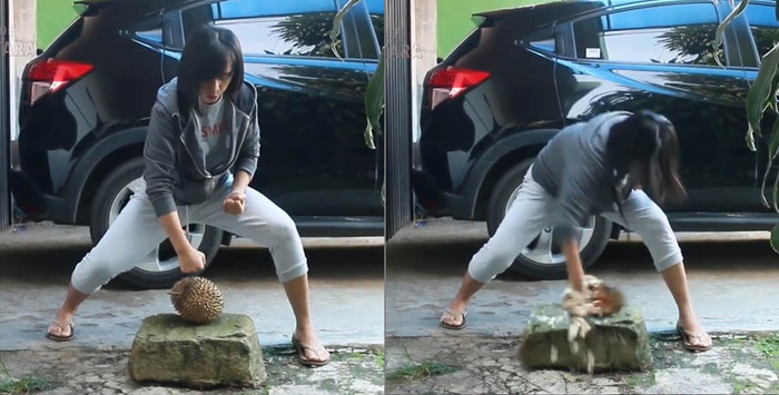 Gokil! Wanita Cantik Ini Pukul Durian Hingga Hancur