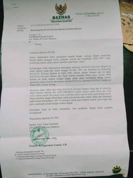 Dana Baznas Rp4 Miliar Tertahan di Bank Banten