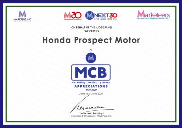 Honda raih penghargaan Marketing Continuity Brand dari MarkPlus, Inc. dan Marketeers. (Ist)